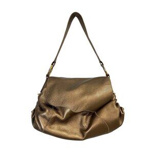 Chi Carlos Falchi Pebbled Leather Brown Shoulder Bag With Gold Ring Accents